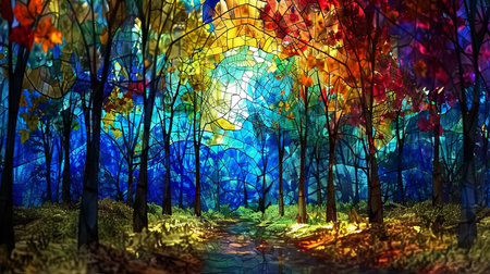 Autumn forest with bright colorful trees and rays of light. 3D rendering Stained glassの素材