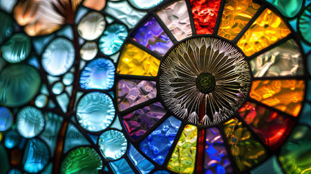 Colorful stained glass window closeup of photoの素材
