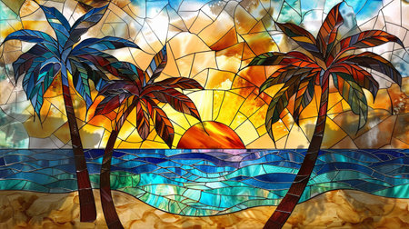 Tropical beach with palm trees in stained-glass window styleの素材