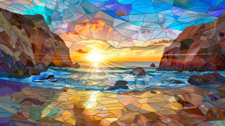 Stained glass window on seascape at sunset. Nature backgroundの素材