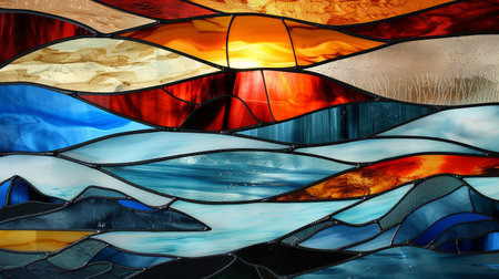 Colorful stained glass window with reflection of the sun in the waterの素材