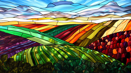 Colorful stained glass window in the form of a mountain landscape.の素材