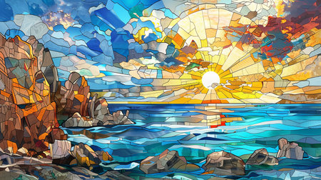 Illustration of a sea landscape with rocks and sun in the sky stained glassの素材