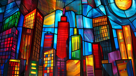 Illustration of the colorful stained glass window in the shape of a cityの素材