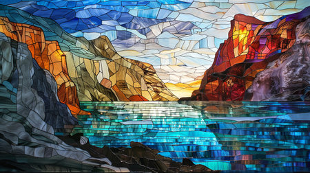 Fantasy landscape with mountains and a lake. Digital painting. 3d rendering  stained glassの素材