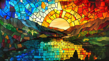 Colorful stained glass window with sun and river. 3d renderingの素材