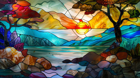 Colorful stained glass window with reflection of the sun in the lakeの素材