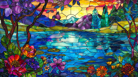 Stained glass window in the style of stained glass with a view of the landscape.の素材
