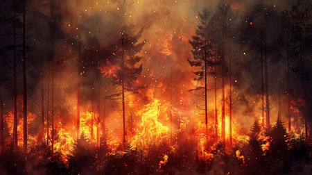 Forest fire. Burning pine trees and bushes in the forest. 3D illustrationの素材