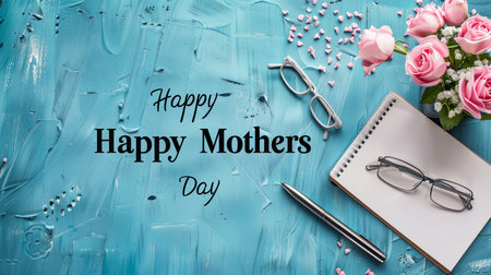 Happy Mother's Day text on blue background with flowers and glasses.の素材