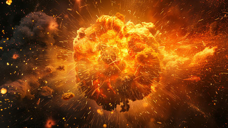 3d illustration of abstract explosion in space with smoke and fire.の素材