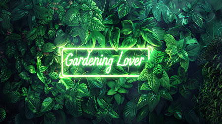 Neon sign with green leaves in the botanical garden. Graphic concept for your designの素材