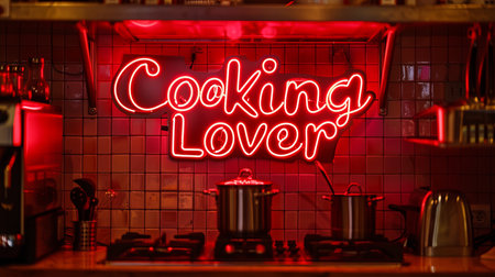 Red neon sign on the wall in the cooking lover. The inscription on the wall: Cooking loveの素材