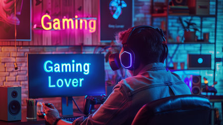 Gamer in headphones playing online video games on computer at home. Gaming gamers concept.の素材