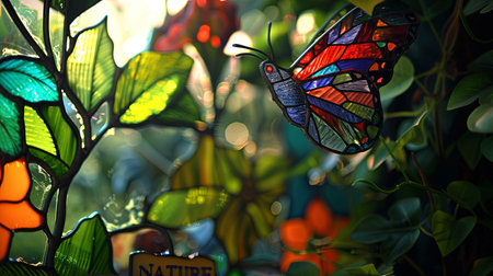 colorful stained glass window in the shape of a butterfly in the gardenの素材