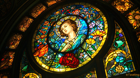 Stained glass window in the Basilica of Our Lady of Lourdes, Franceの素材