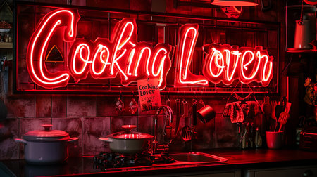 cooking lover neon sign in the form of a heart.の素材