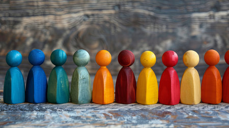 Wooden figures of different colors stand in a row on a wooden backgroundの素材