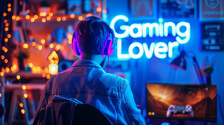 Young man in headphones playing video games at home. Gaming concept.の素材