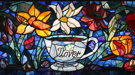 Stained glass window depicting a cup of coffee and flowers in a church.の素材
