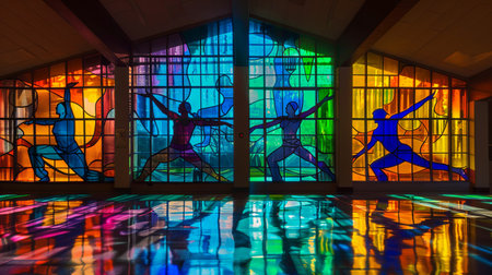 Colorful stained glass window with silhouette of people practicing kung fuの素材