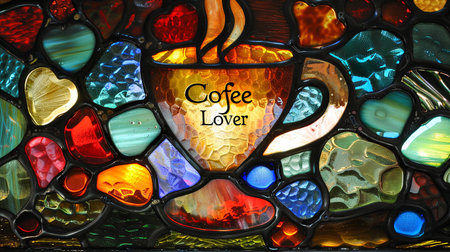 Colorful stained glass window with the words Coffee break written in itの素材