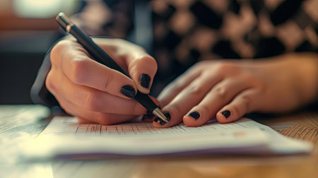 Close-up image of female hands writing in notepad at cafeの素材