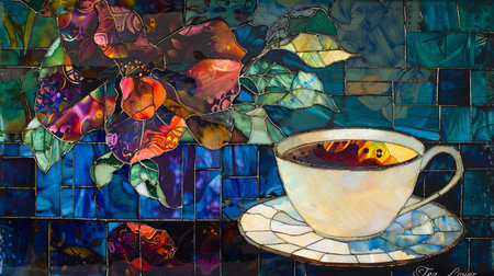 Cup of coffee with colorful stained glass on the wall in the cafeの素材