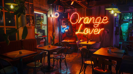Restaurant in the night. Nightlife in the city. sign in orange loverの素材