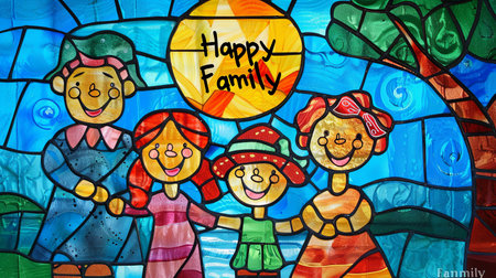 Colorful stained glass window with a happy family, mother, father, and childrenの素材