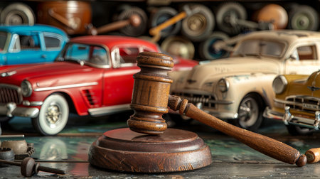 Wooden gavel and old american cars on the table.の素材