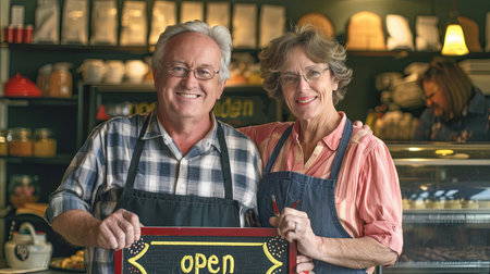 Portrait of a senior couple standing in a coffee shop and holding a sign openの素材