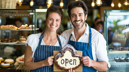 Portrait of happy couple holding sign with open lettering in bakeryの素材
