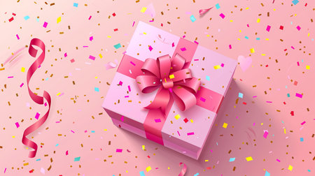 Gift box with pink ribbon and confetti. Vector illustration.の素材