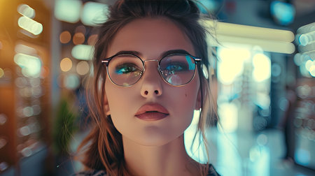 Portrait of a beautiful girl in glasses on a background of the night city.の素材