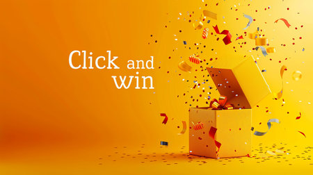 Open a gift box with confetti on a yellow background. Vector illustration.text for click and winの素材