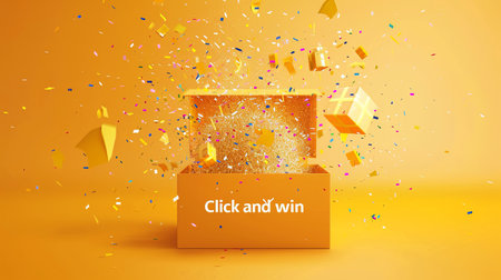 Open gift box with confetti on yellow background. Vector illustration.の素材