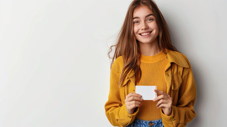 Portrait of a happy young woman holding blank business card over white backgroundの素材