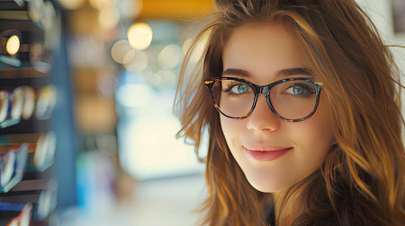 Closeup portrait of beautiful young woman with eyeglasses in cafeの素材