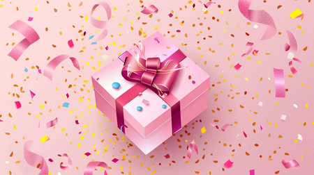 Gift box with pink ribbon and confetti on pink background. Vector illustration.の素材
