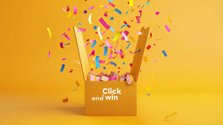 Open gift box with confetti on yellow background. 3D renderingの素材