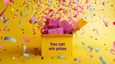 Open gift box with confetti and ribbons. Vector illustration.の素材