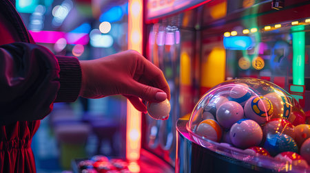 Woman's hand holding a slot machine with colorful balls in the casinoの素材