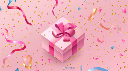 Gift box and confetti on pink background. Vector illustration.の素材