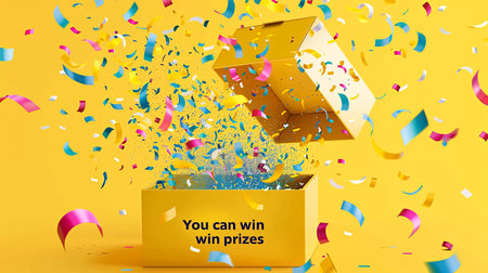 Open gift box with colorful confetti and ribbons on yellow backgroundの素材