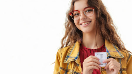 Portrait of a smiling young woman in eyeglasses holding passport isolated over white backgroundの素材