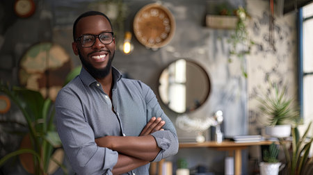 Portrait of a smiling young African-American businessman standing with arms crossedの素材