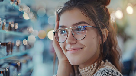 Portrait of a beautiful young woman in eyeglasses looking at the cameraの素材