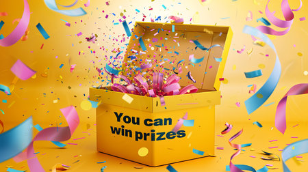 Open gift box with colorful confetti and ribbons. Vector illustration.の素材