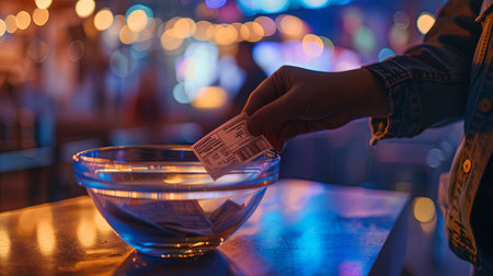 Woman hand counting money in a glass bowl at the bar counter.の素材